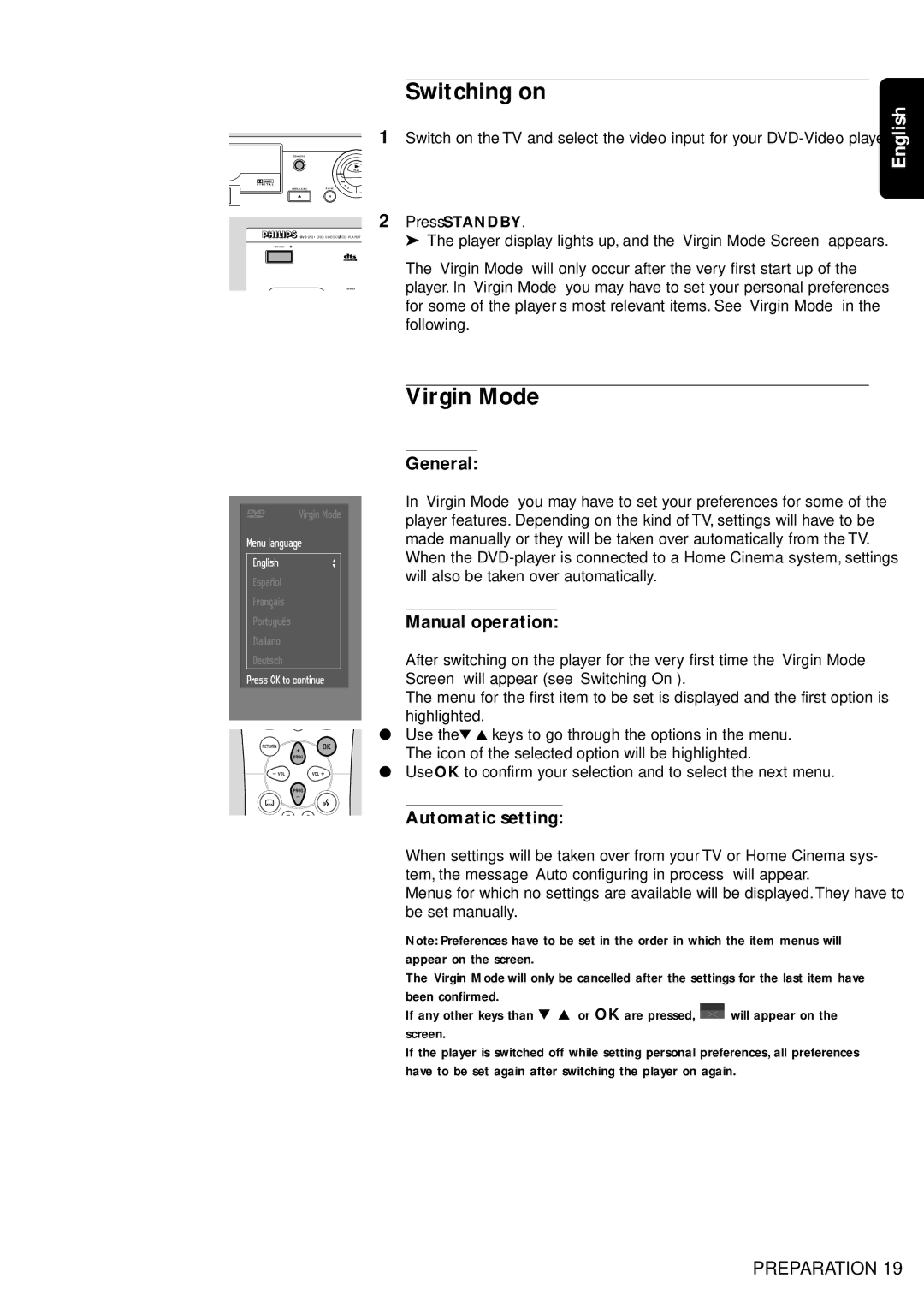 Philips DVD950/05 manual Switching on, Virgin Mode, General, Manual operation, Automatic setting 