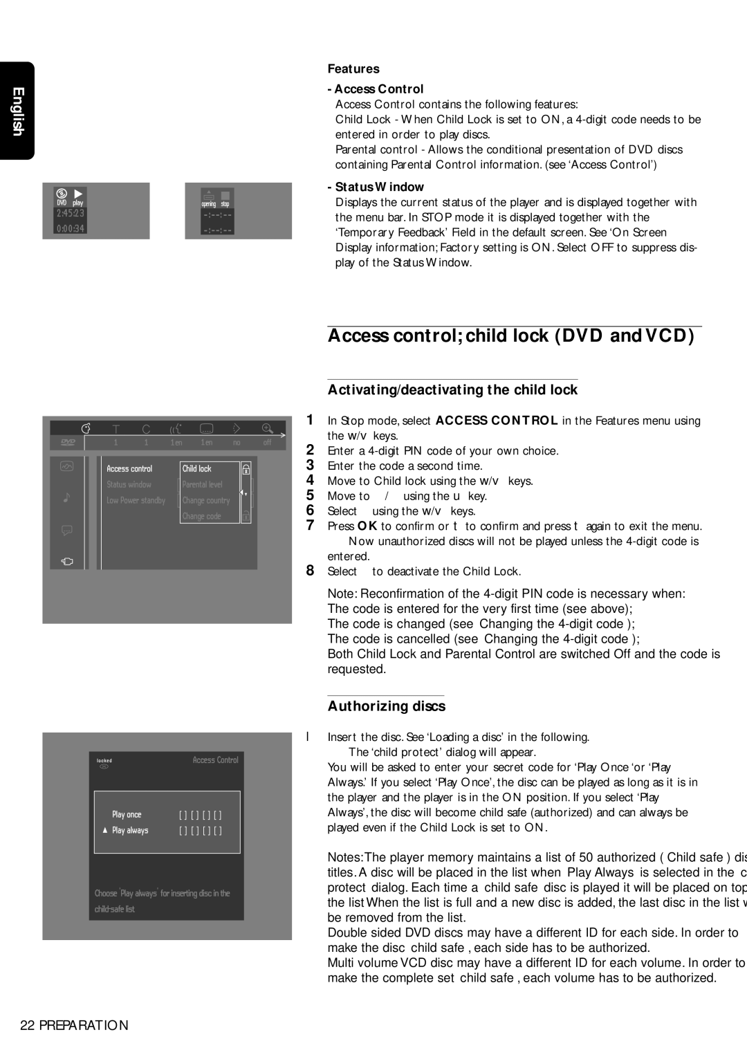 Philips DVD950/05 manual Access control child lock DVD and VCD, Activating/deactivating the child lock, Authorizing discs 