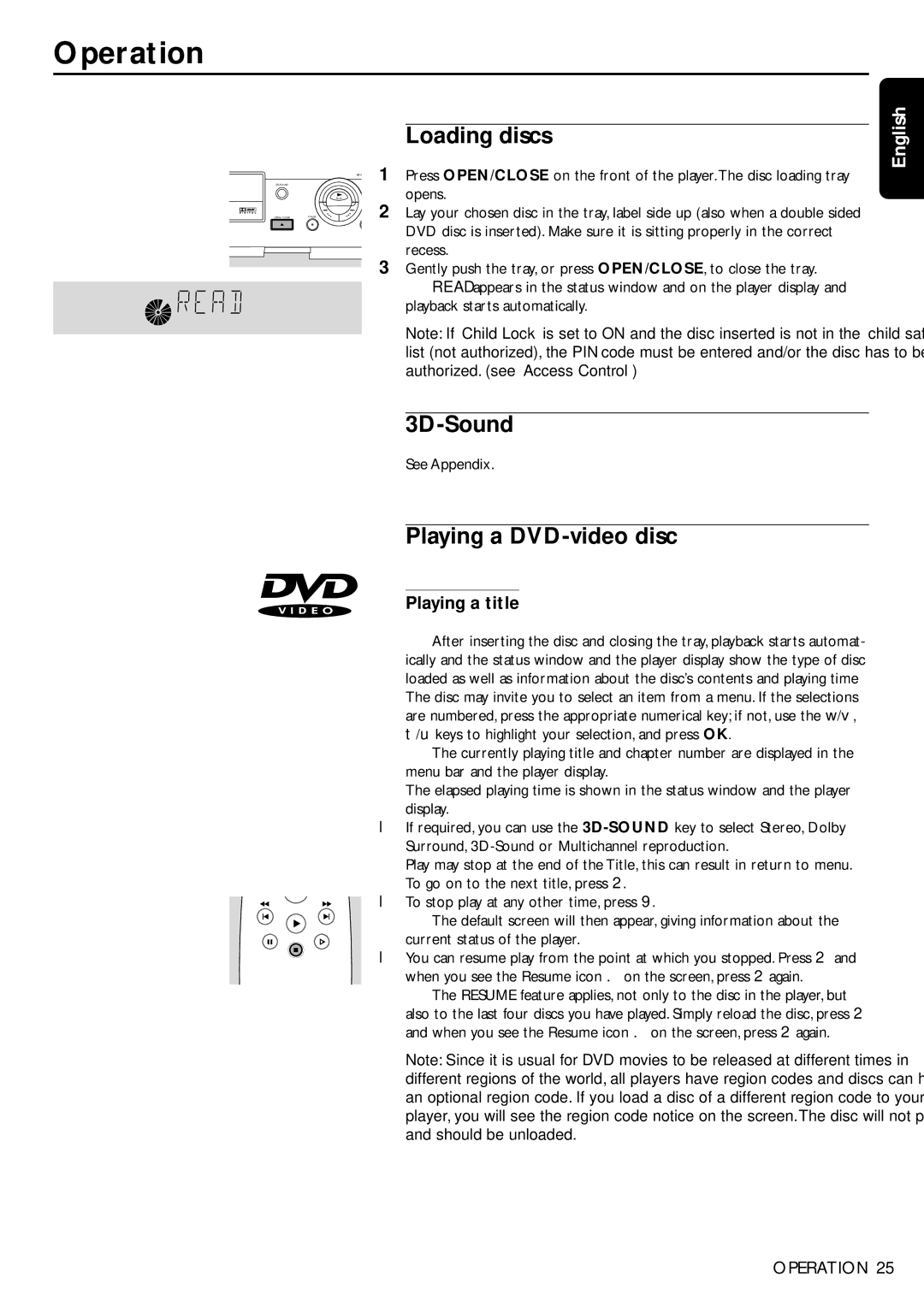 Philips DVD950/05 manual Operation, Loading discs, 3D-Sound, Playing a DVD-video disc, Playing a title 