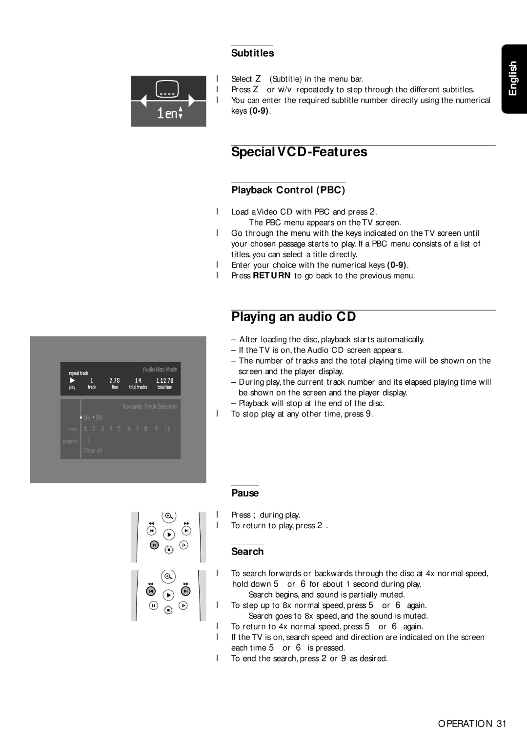 Philips DVD950/05 manual Special VCD-Features, Playing an audio CD, Subtitles, Playback Control PBC, Pause 