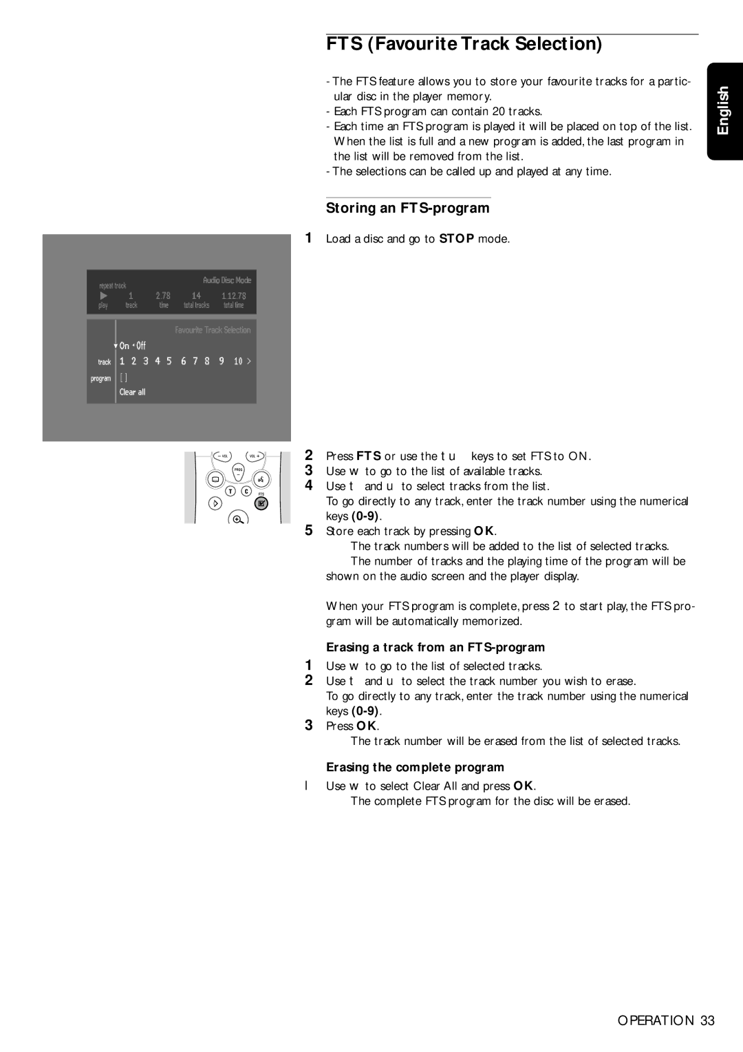 Philips DVD950/05 manual FTS Favourite Track Selection, Storing an FTS-program, Erasing a track from an FTS-program 