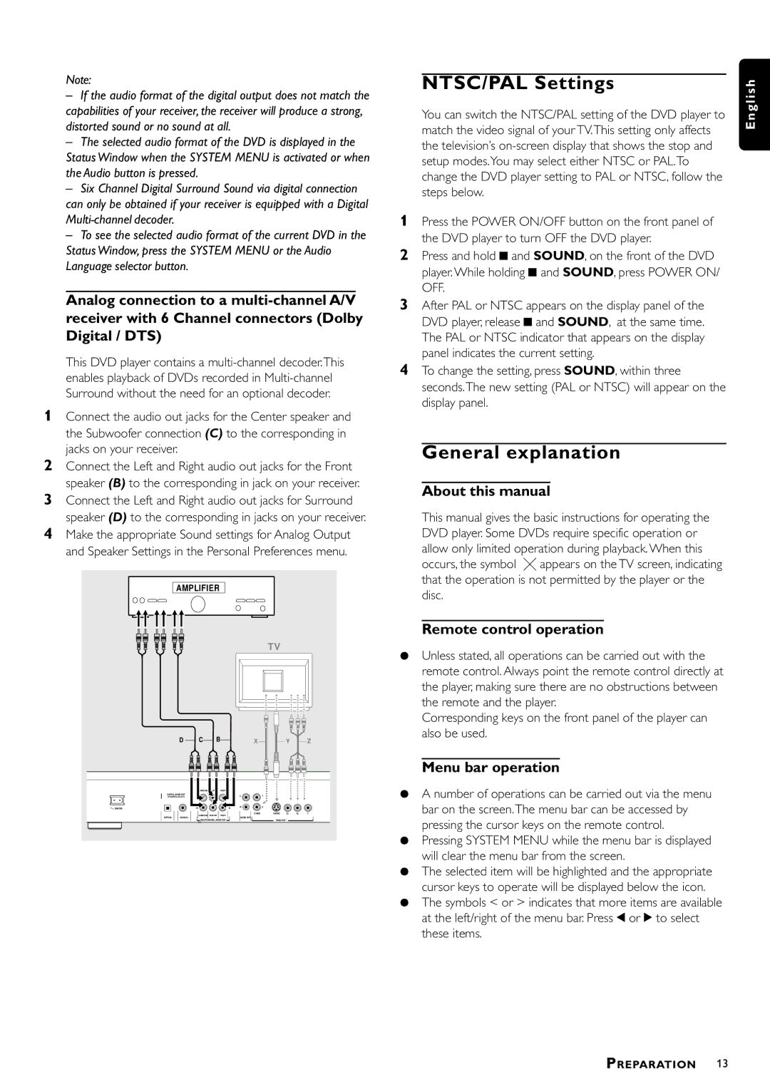 Philips DVD951 NTSC/PAL Settings, General explanation, About this manual, Remote control operation, Menu bar operation 