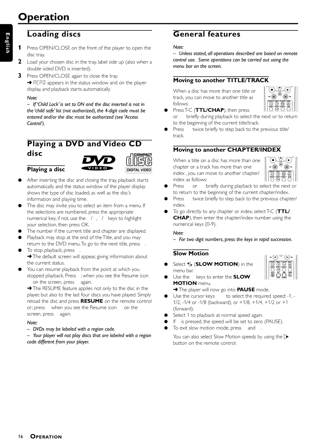 Philips DVD951 manual Operation, Loading discs, Playing a DVD and Video CD disc, General features 