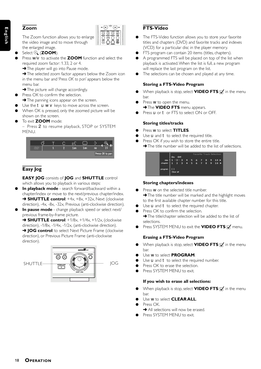 Philips DVD951 manual Zoom, Easy Jog, FTS-Video 