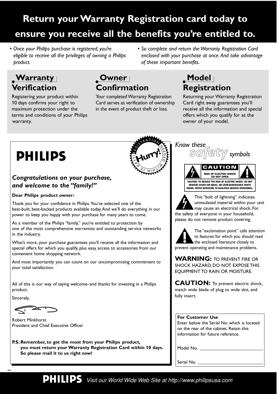 Philips DVD951 manual Dear Philips product owner, Remember, to get the most from your Philips product, For Customer Use 