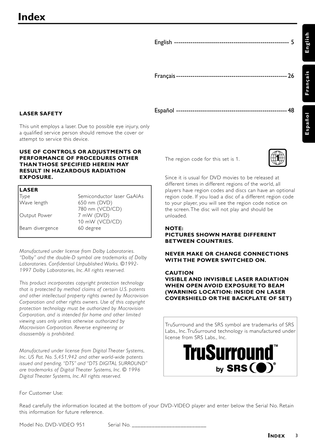 Philips DVD951 manual Index, For Customer Use 