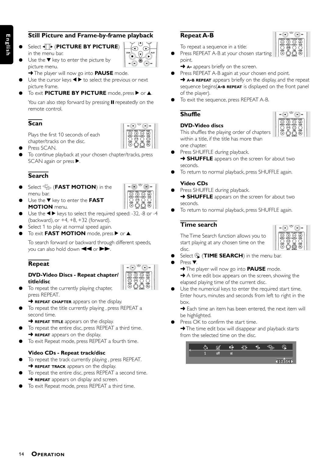 Philips DVD951/691 manual Still Picture and Frame-by-frame playback, Scan, Search, Repeat A-B, Shuffle, Time search 