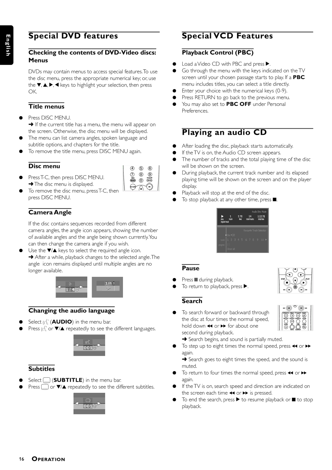 Philips DVD951/691 manual Special DVD features, Special VCD Features, Playing an audio CD 