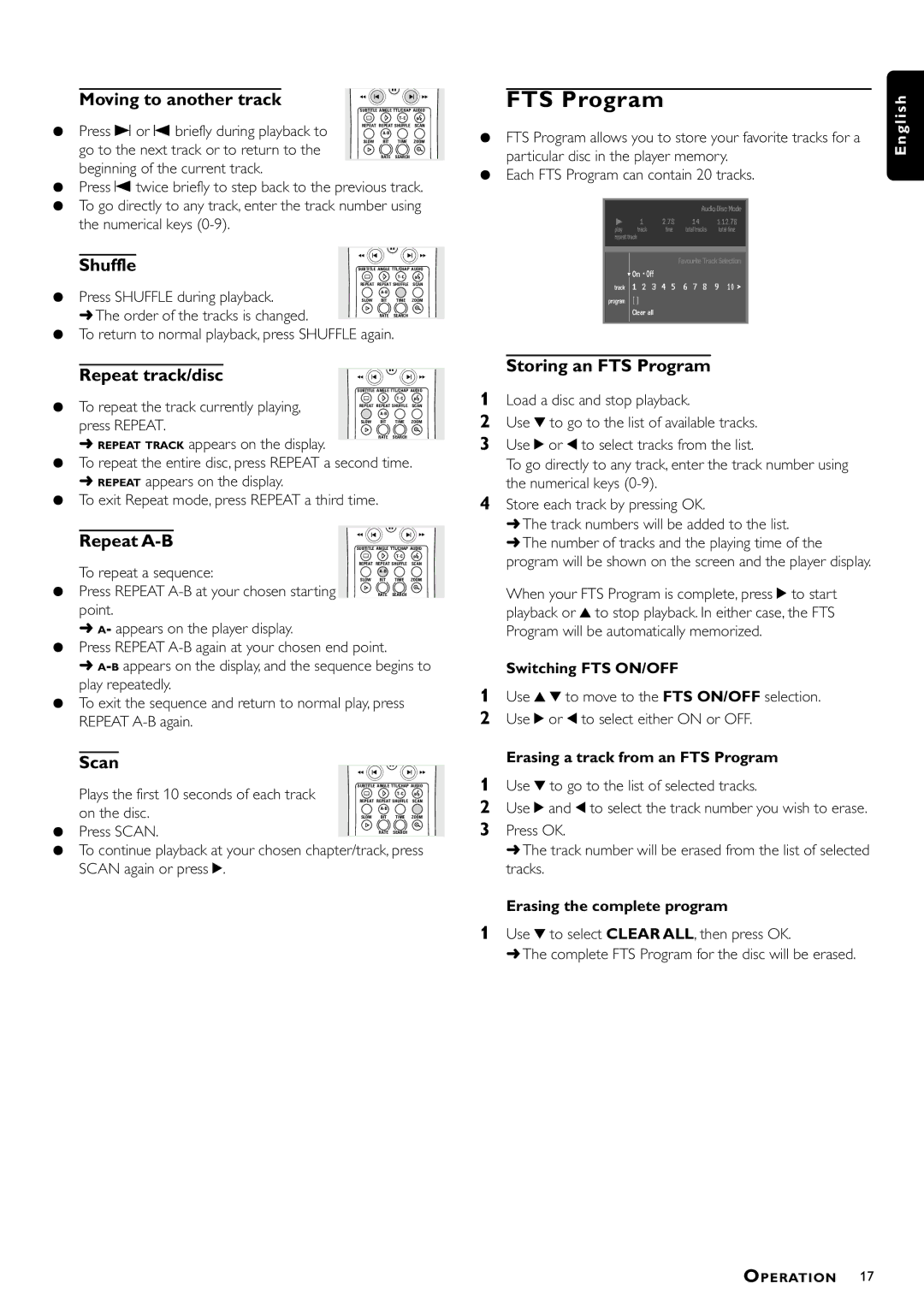 Philips DVD951/691 manual Moving to another track, Repeat track/disc, Storing an FTS Program 