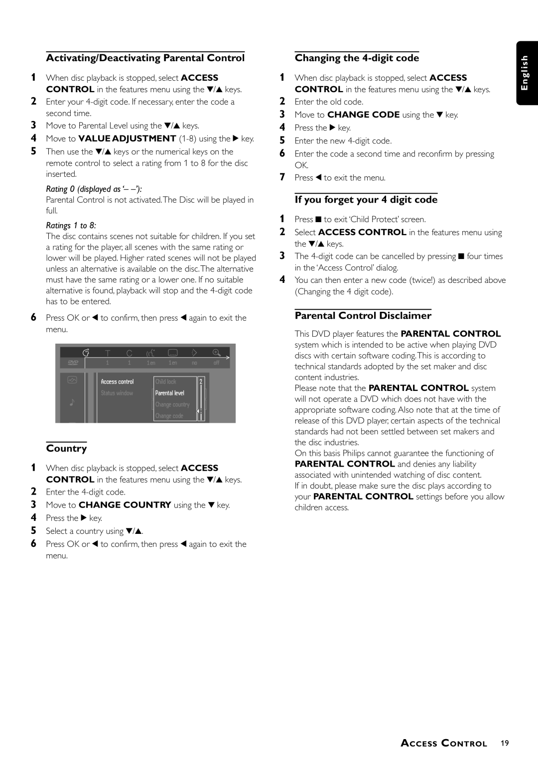 Philips DVD951/691 manual Activating/Deactivating Parental Control, Country, Changing the 4-digit code 