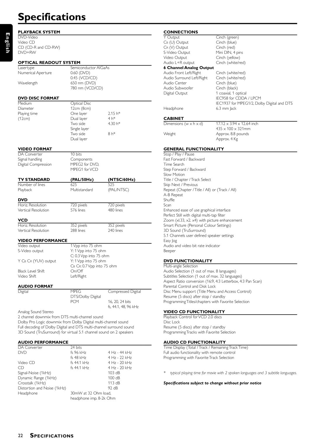 Philips DVD951/691 manual Specifications, Optical Readout System 