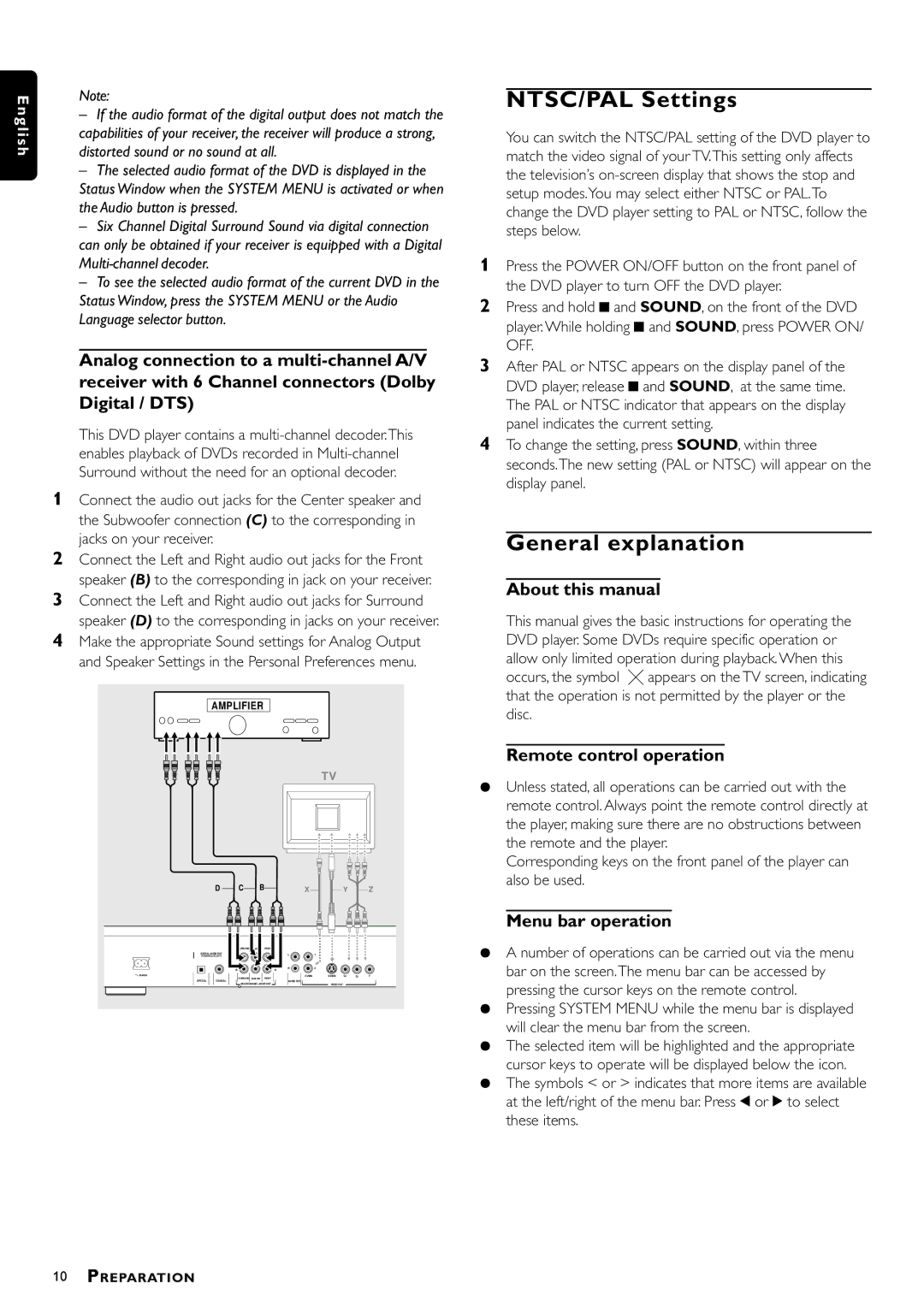 Philips DVD951/N01 NTSC/PAL Settings, General explanation, About this manual, Remote control operation, Menu bar operation 