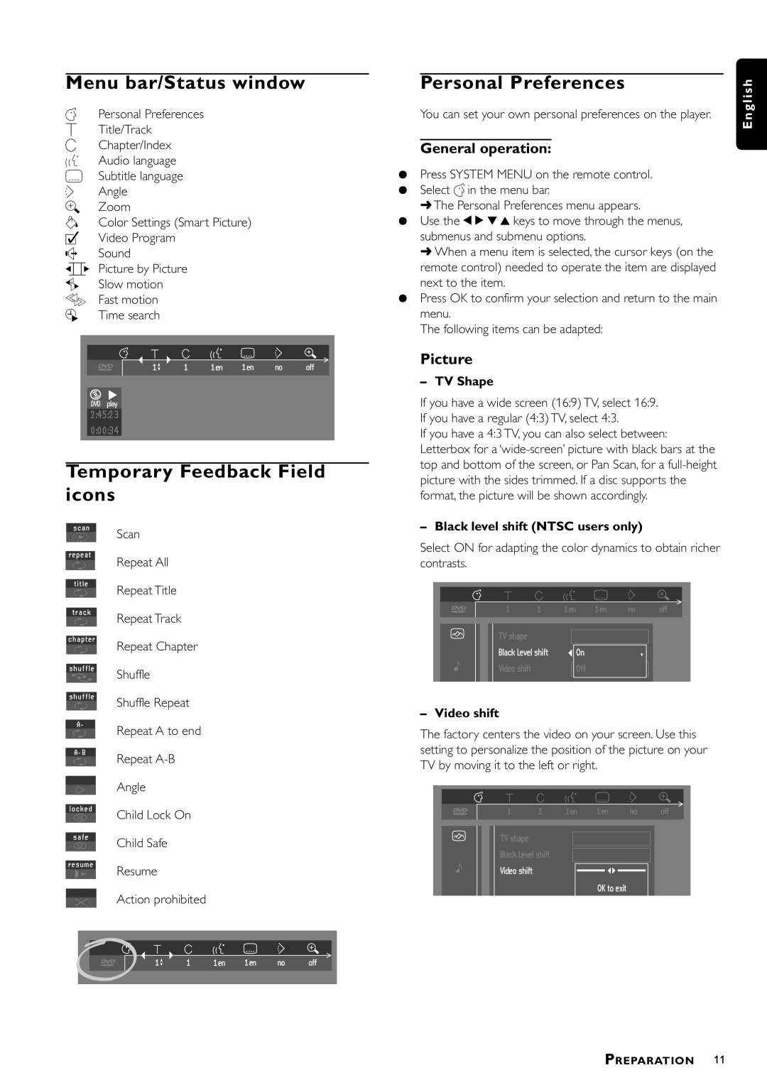 Philips DVD951/N01 manual Menu bar/Status window, Temporary Feedback Field icons, Personal Preferences, General operation 