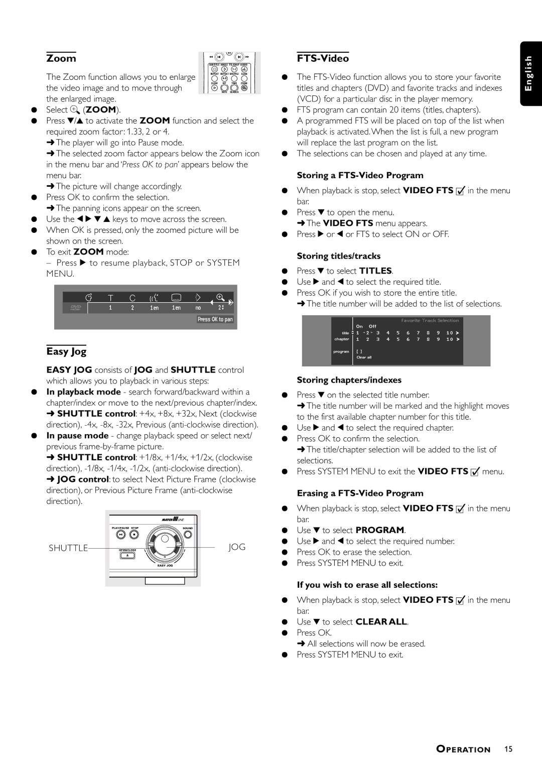 Philips DVD951/N01 manual Zoom, Easy Jog, FTS-Video, Shuttle 