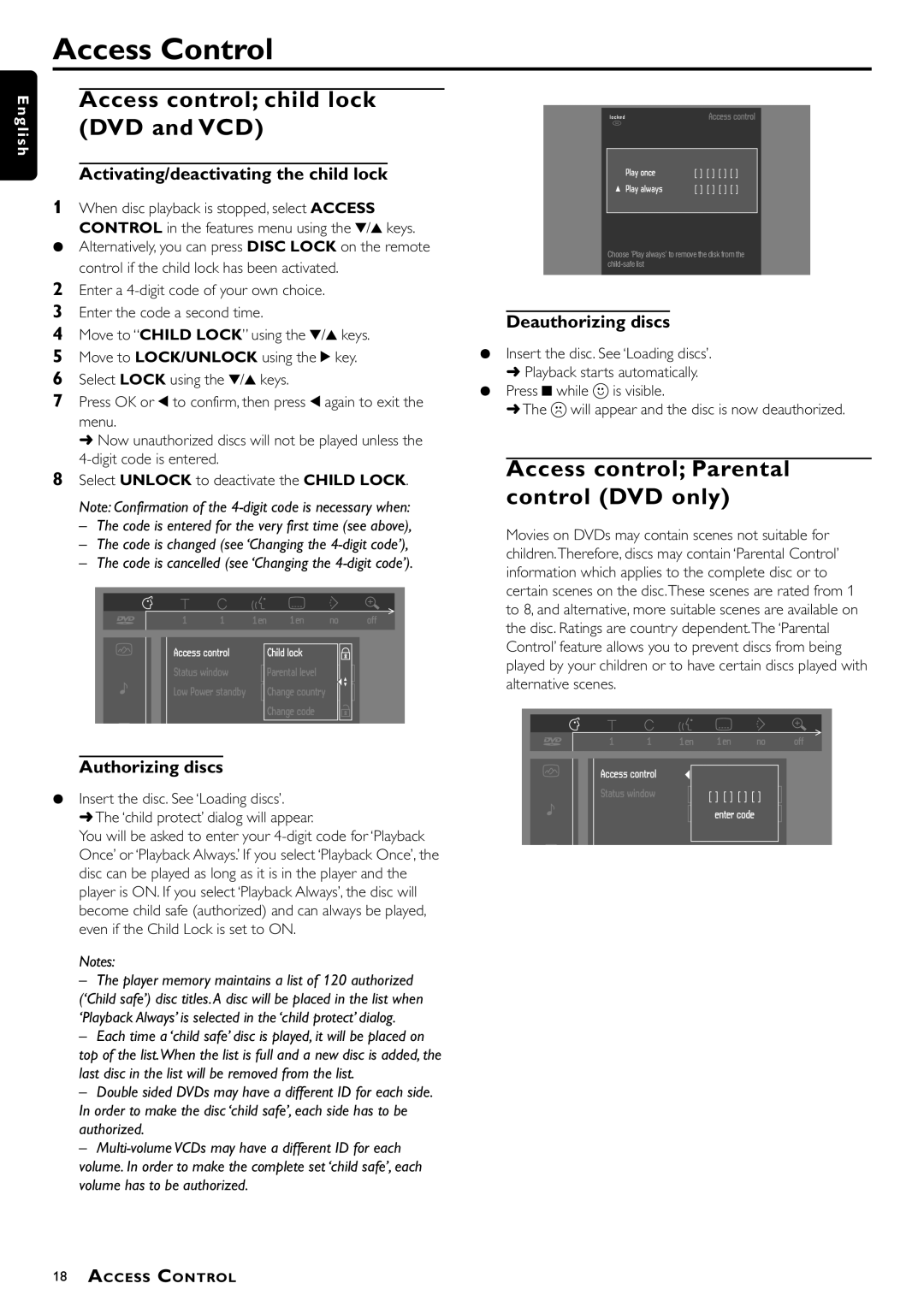 Philips DVD951/N01 manual Access Control, Access control child lock DVD and VCD, Access control Parental control DVD only 