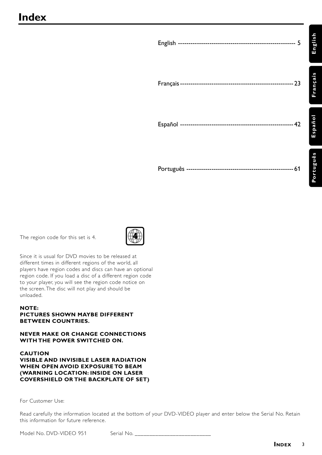 Philips DVD951/N01 manual Index, English Français Español Português 