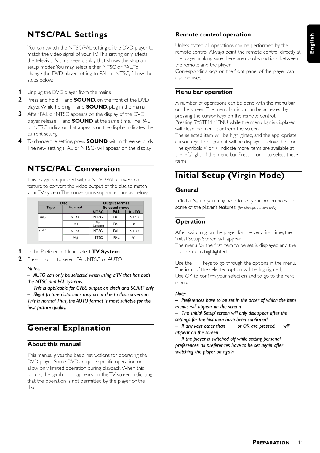 Philips DVD952/021 owner manual NTSC/PAL Settings, NTSC/PAL Conversion, General Explanation, Initial Setup Virgin Mode 