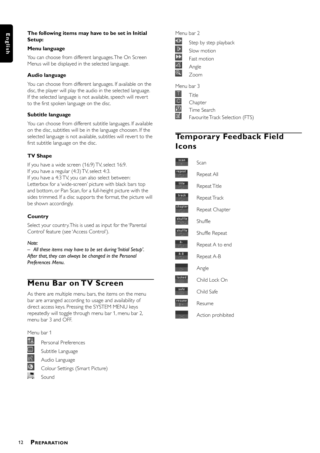 Philips DVD952/021 owner manual Menu Bar on TV Screen, Temporary Feedback Field Icons 