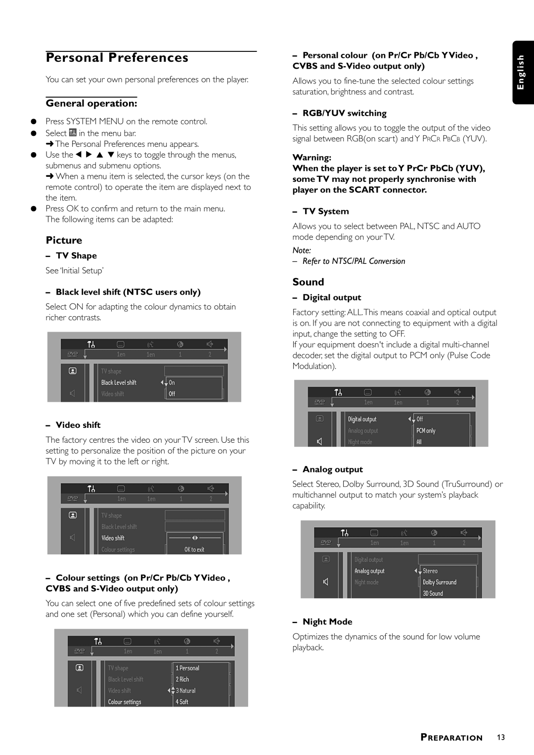 Philips DVD952/021 owner manual Personal Preferences, General operation 