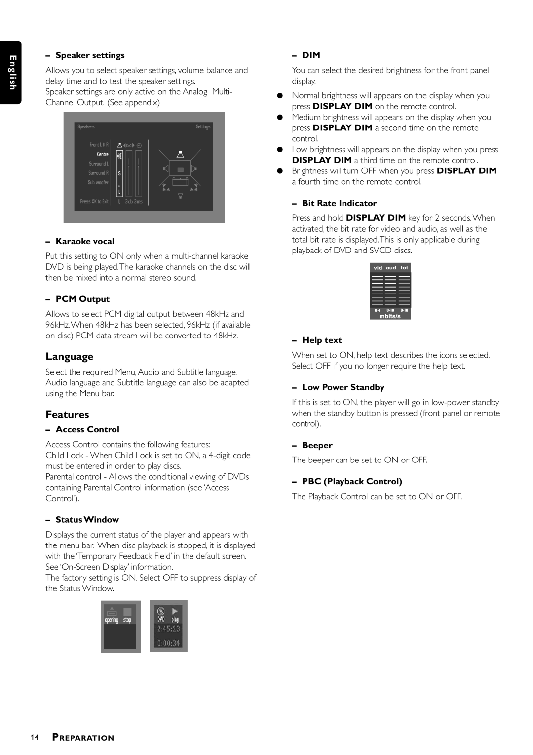 Philips DVD952/021 Speaker settings, Karaoke vocal, PCM Output, Access Control, Status Window, Bit Rate Indicator, Beeper 