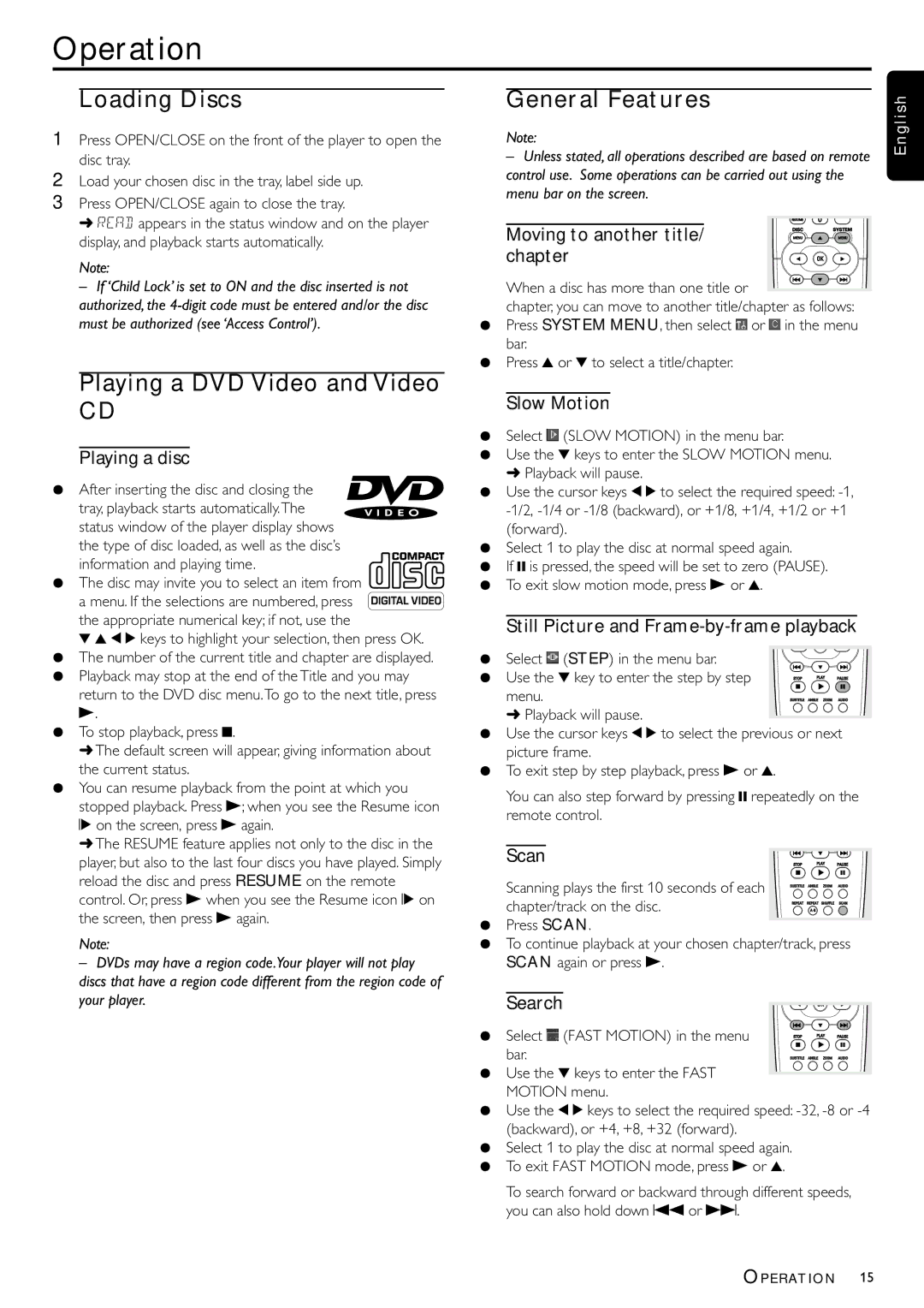 Philips DVD952/021 owner manual Operation, Loading Discs, General Features, Playing a DVD Video and Video 