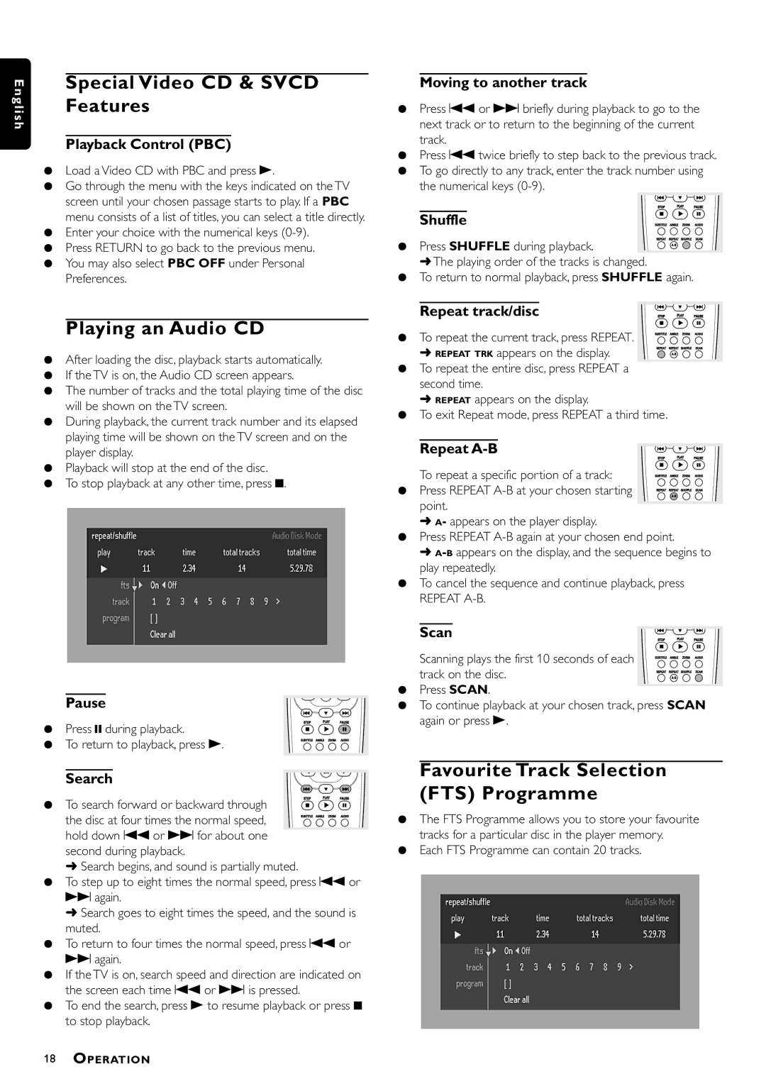 Philips DVD952/021 Special Video CD & Svcd Features, Playing an Audio CD, Favourite Track Selection FTS Programme 