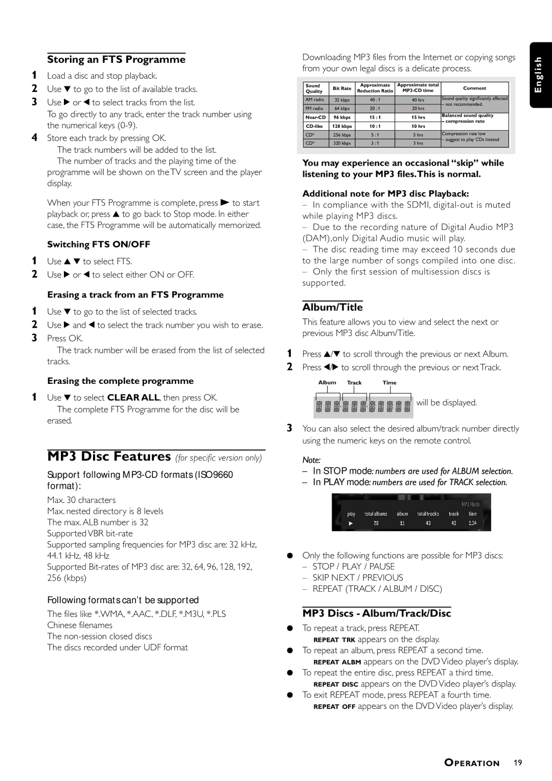 Philips DVD952/021 owner manual Storing an FTS Programme, Album/Title, MP3 Discs Album/Track/Disc 