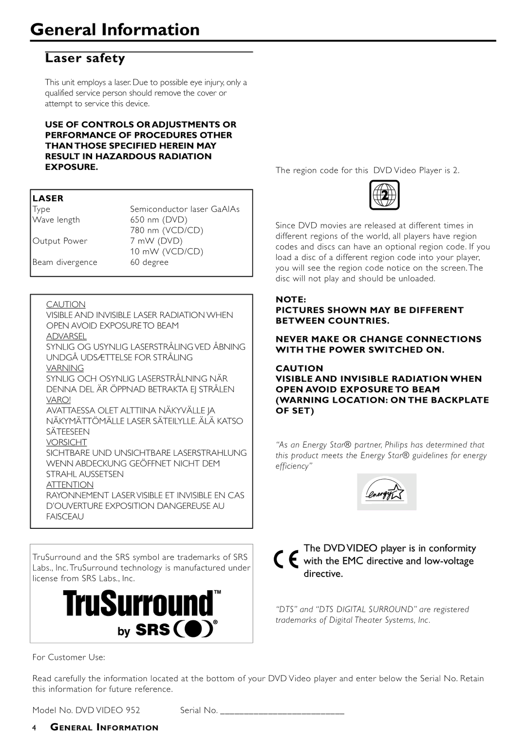 Philips DVD952/021 owner manual General Information, Laser safety 