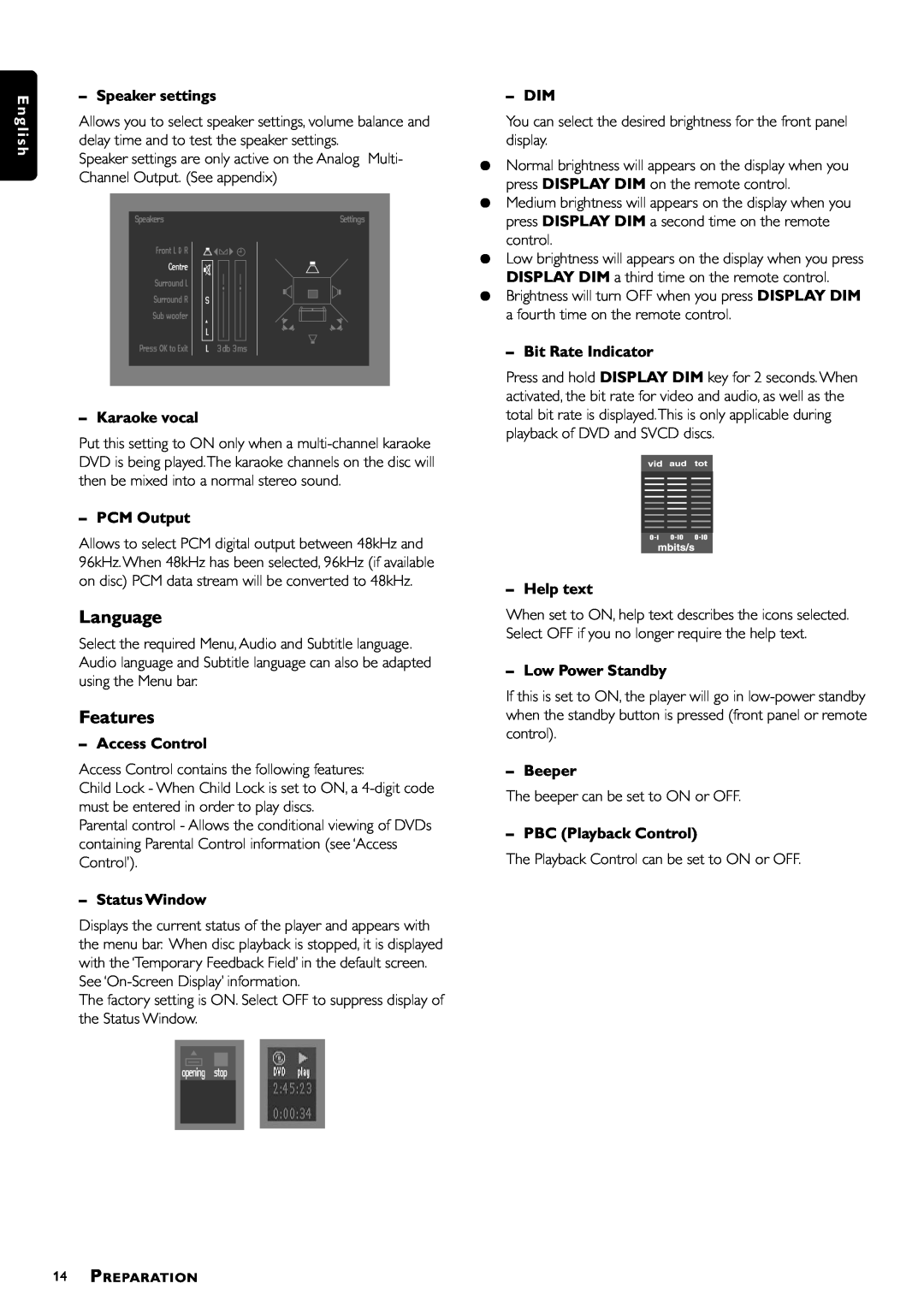 Philips DVD952/021 Language, Features, E n g l i s h, Speaker settings, Karaoke vocal, PCM Output, Access Control, Beeper 