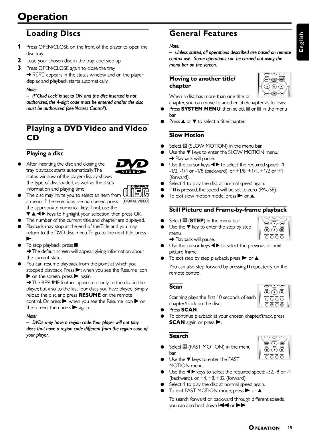 Philips DVD952/021 Operation, Loading Discs, General Features, Playing a DVD Video and Video CD, Playing a disc, Scan 