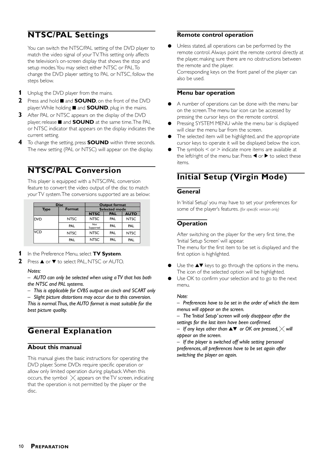 Philips DVD952/051 owner manual NTSC/PAL Settings, NTSC/PAL Conversion, General Explanation, Initial Setup Virgin Mode 