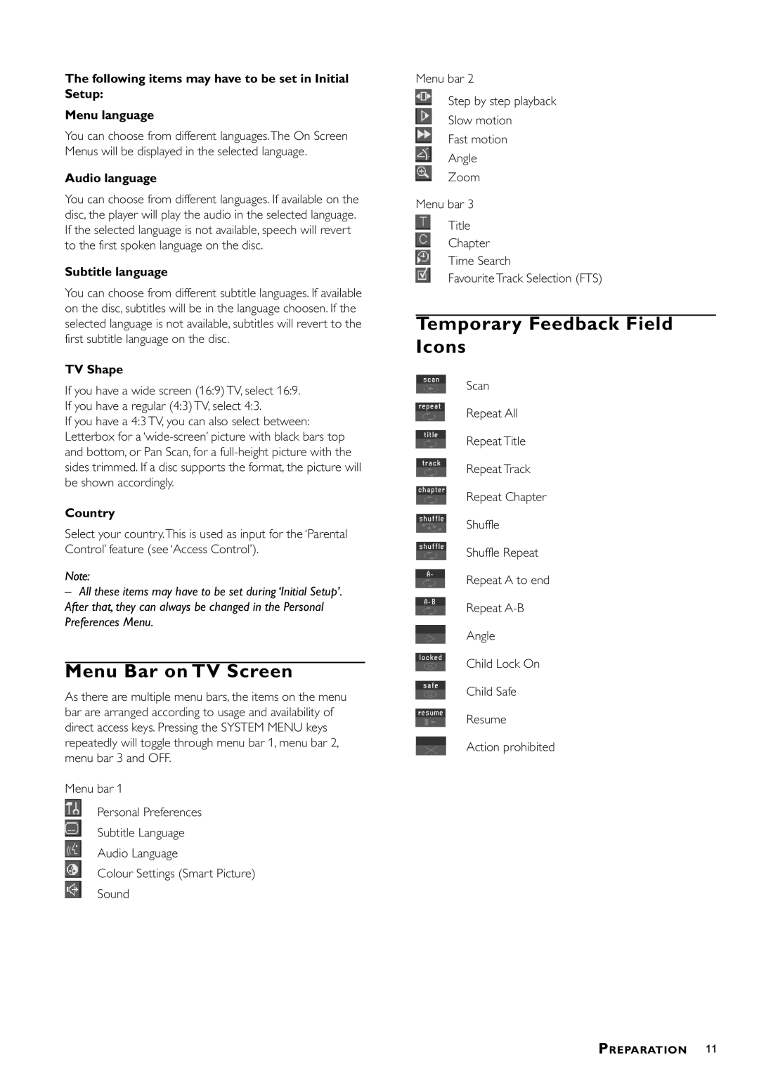 Philips DVD952/051 owner manual Menu Bar on TV Screen, Temporary Feedback Field Icons 