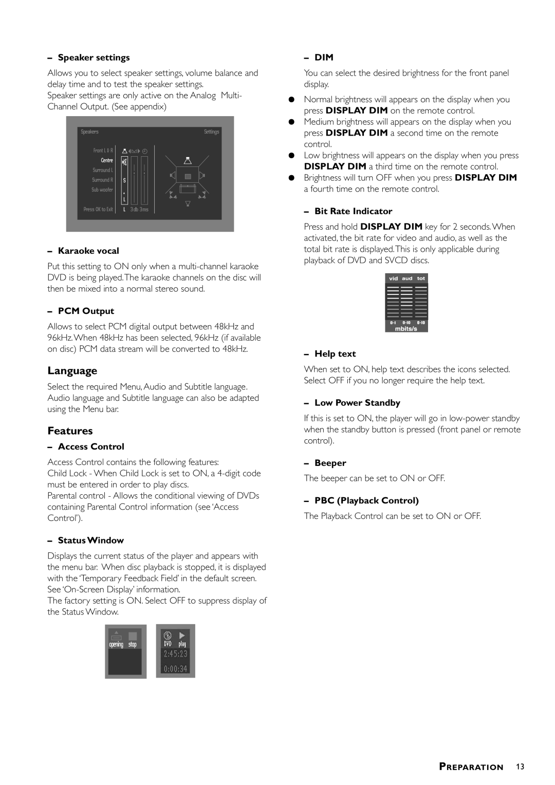 Philips DVD952/051 Speaker settings, Karaoke vocal, PCM Output, Access Control, Status Window, Bit Rate Indicator, Beeper 