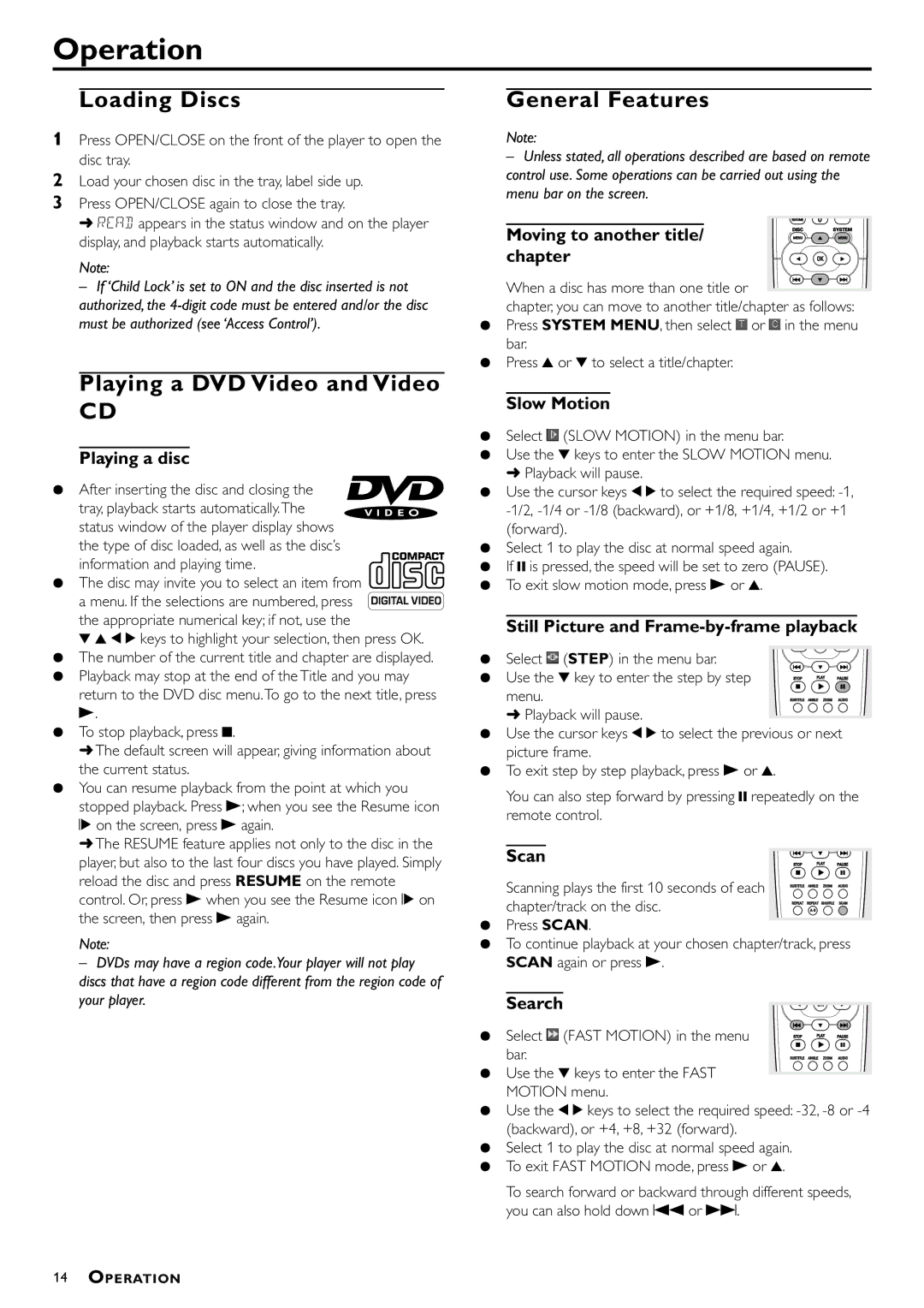 Philips DVD952/051 owner manual Operation, Loading Discs, Playing a DVD Video and Video, General Features 