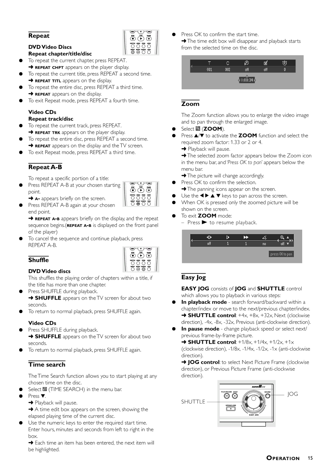 Philips DVD952/051 owner manual Repeat A-B, Shuffle, Time search, Zoom, Easy Jog 