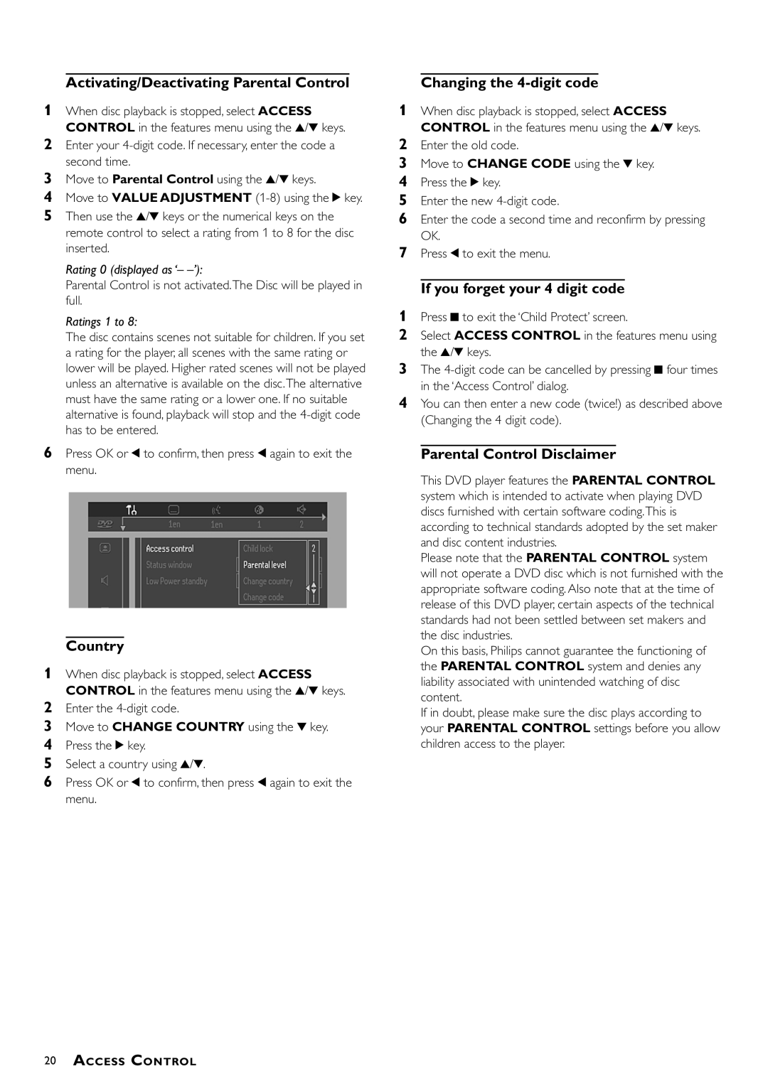 Philips DVD952/051 owner manual Activating/Deactivating Parental Control, Country, Changing the 4-digit code 