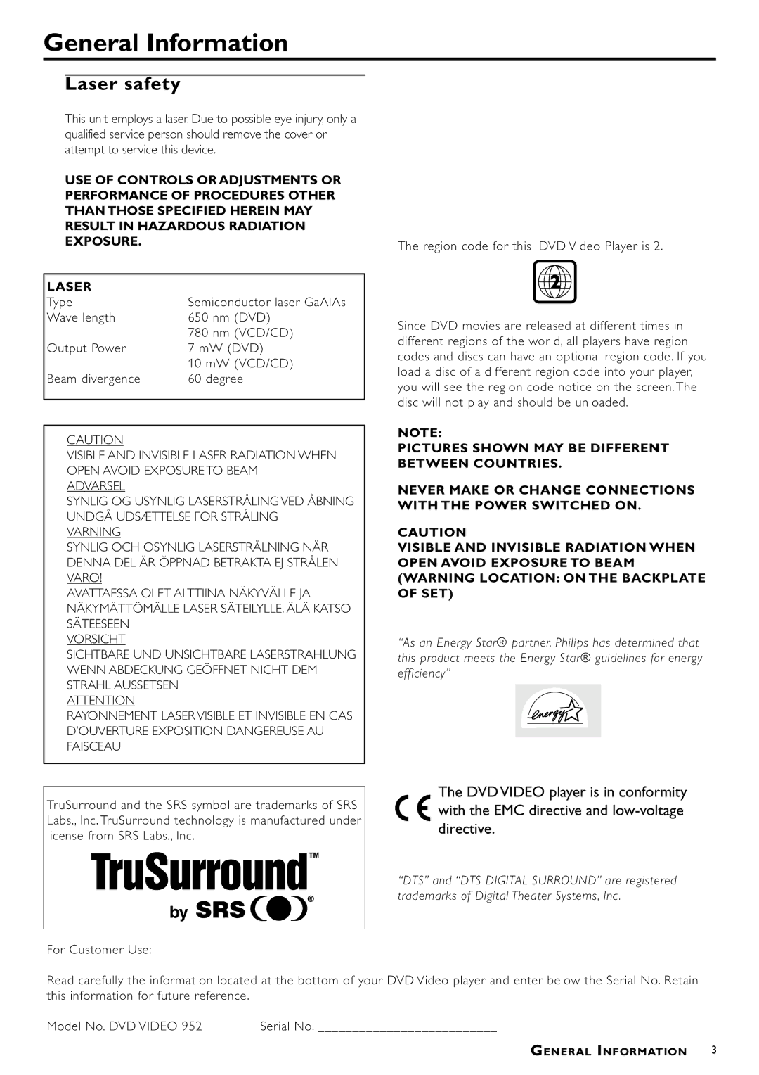 Philips DVD952/051 owner manual General Information, Laser safety 