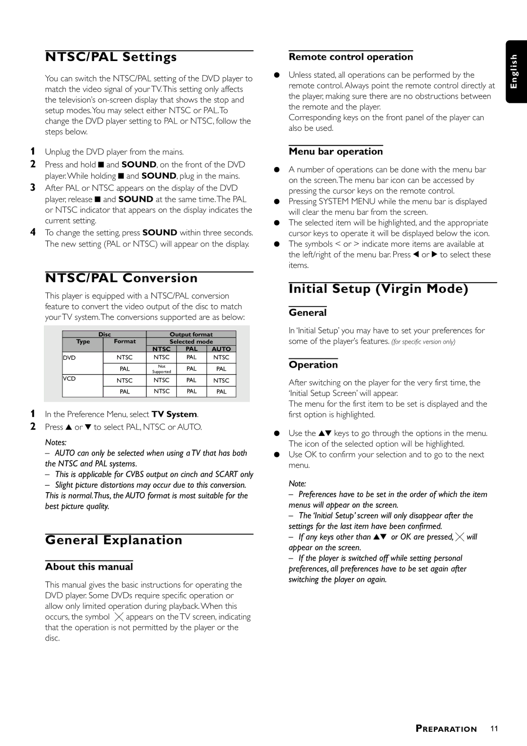 Philips DVD952/U22 owner manual NTSC/PAL Settings, NTSC/PAL Conversion, General Explanation, Initial Setup Virgin Mode 