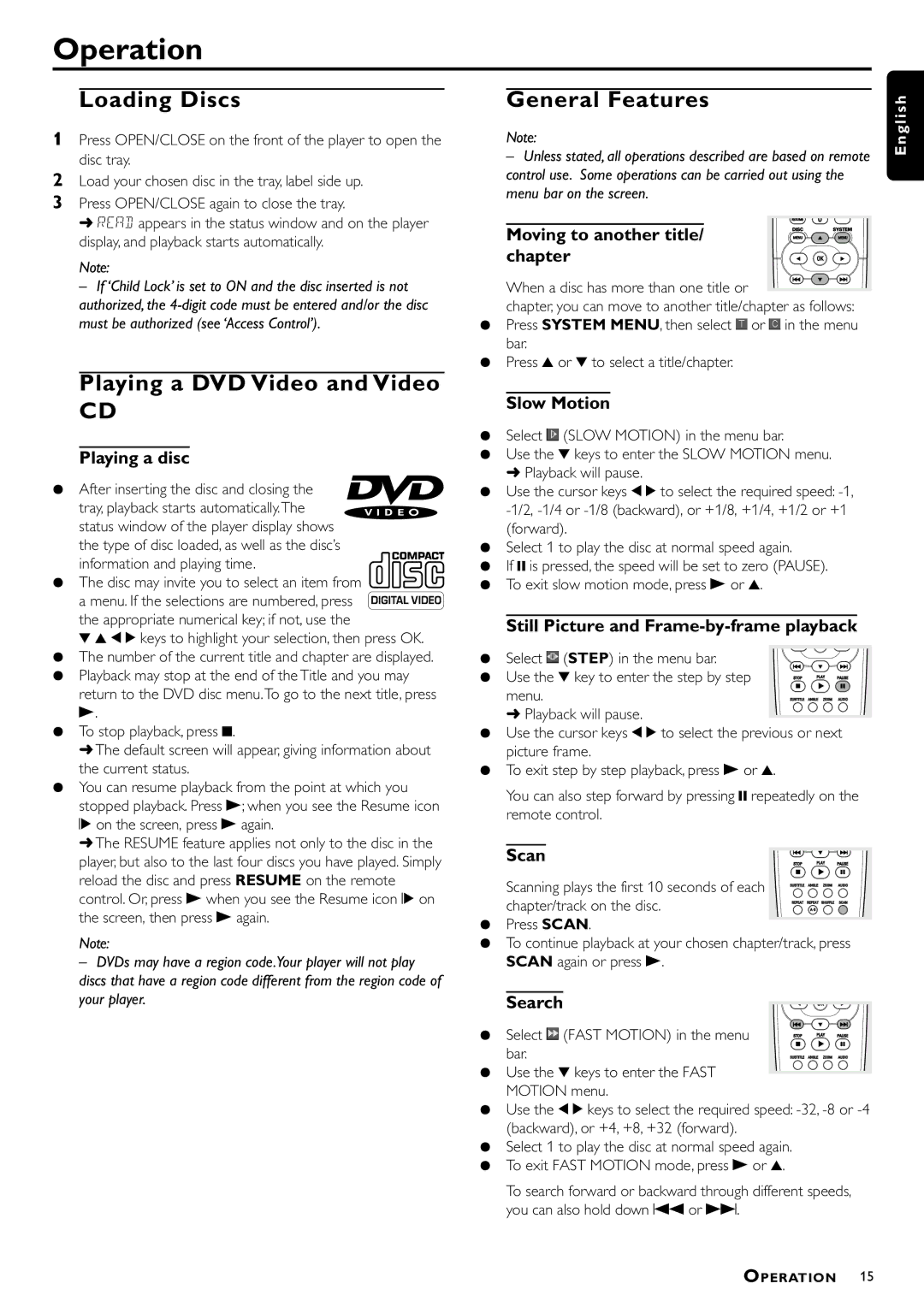 Philips DVD952/U22 owner manual Operation, Loading Discs, General Features, Playing a DVD Video and Video 