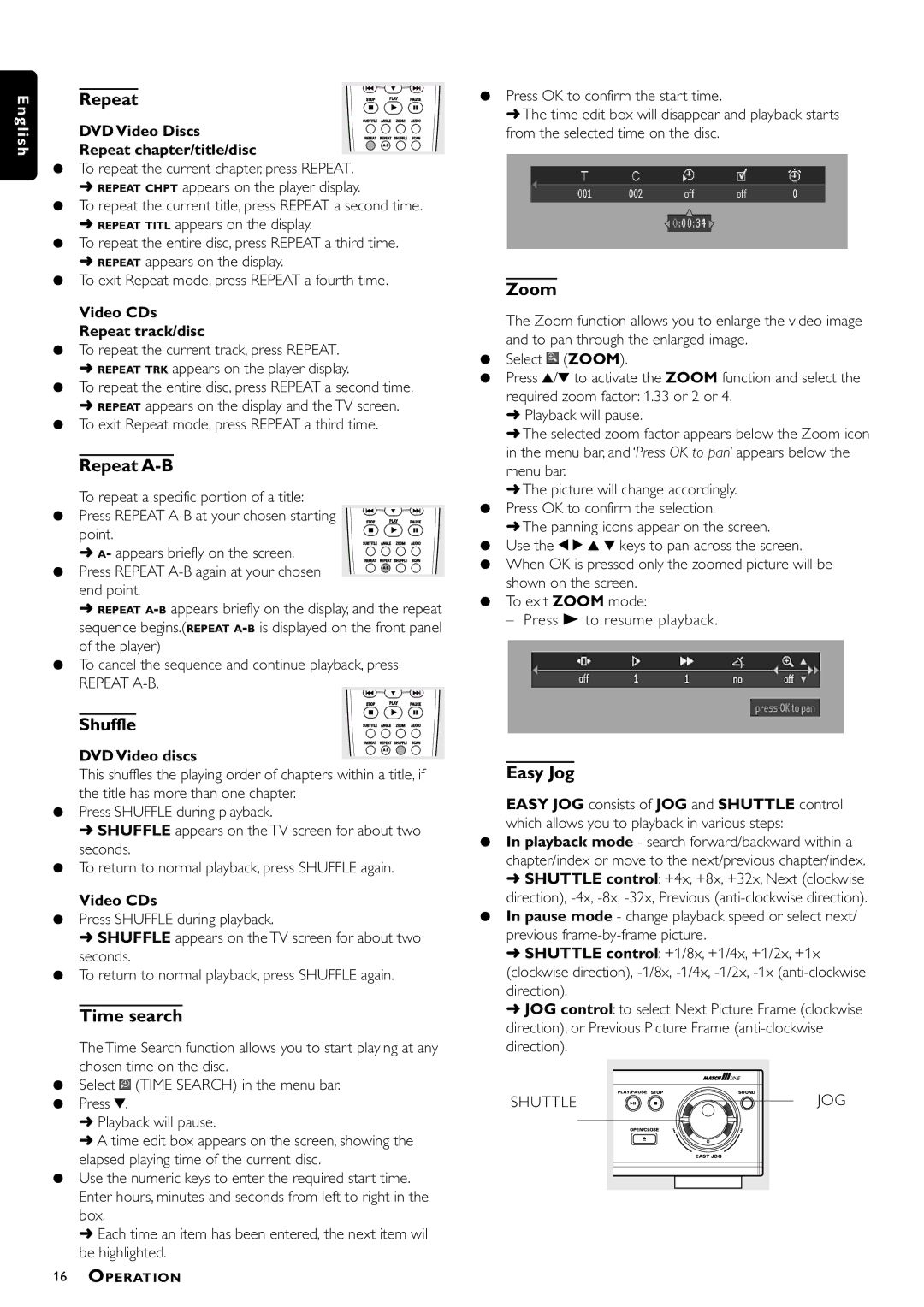 Philips DVD952/U22 owner manual Repeat A-B, Shuffle, Time search, Zoom, Easy Jog 