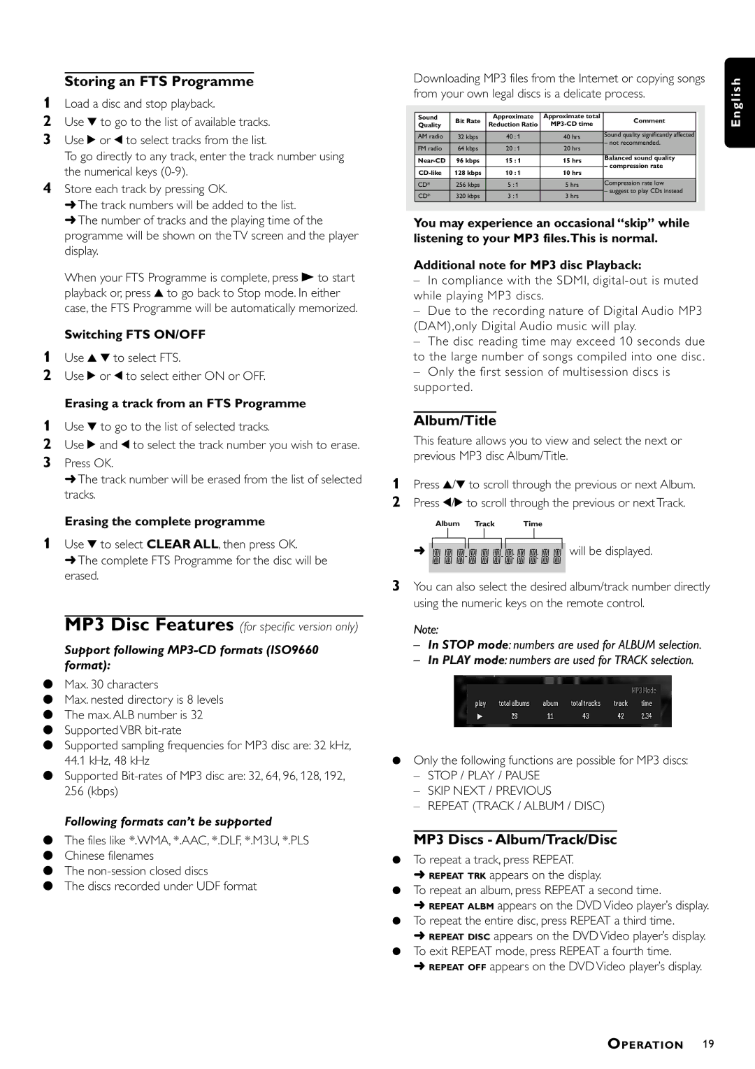 Philips DVD952/U22 owner manual Storing an FTS Programme, Album/Title, MP3 Discs Album/Track/Disc 