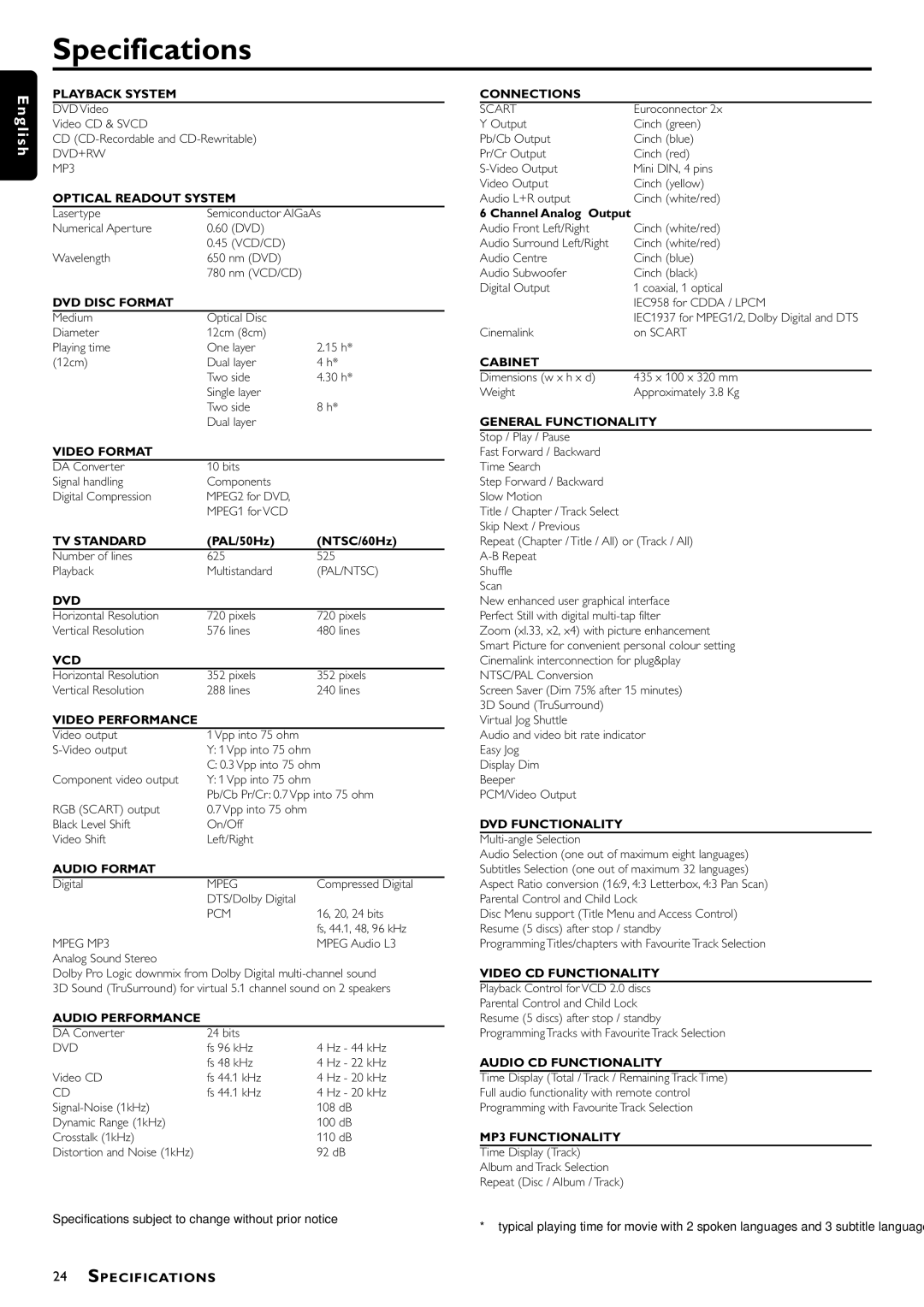 Philips DVD952/U22 owner manual Specifications, Optical Readout System 