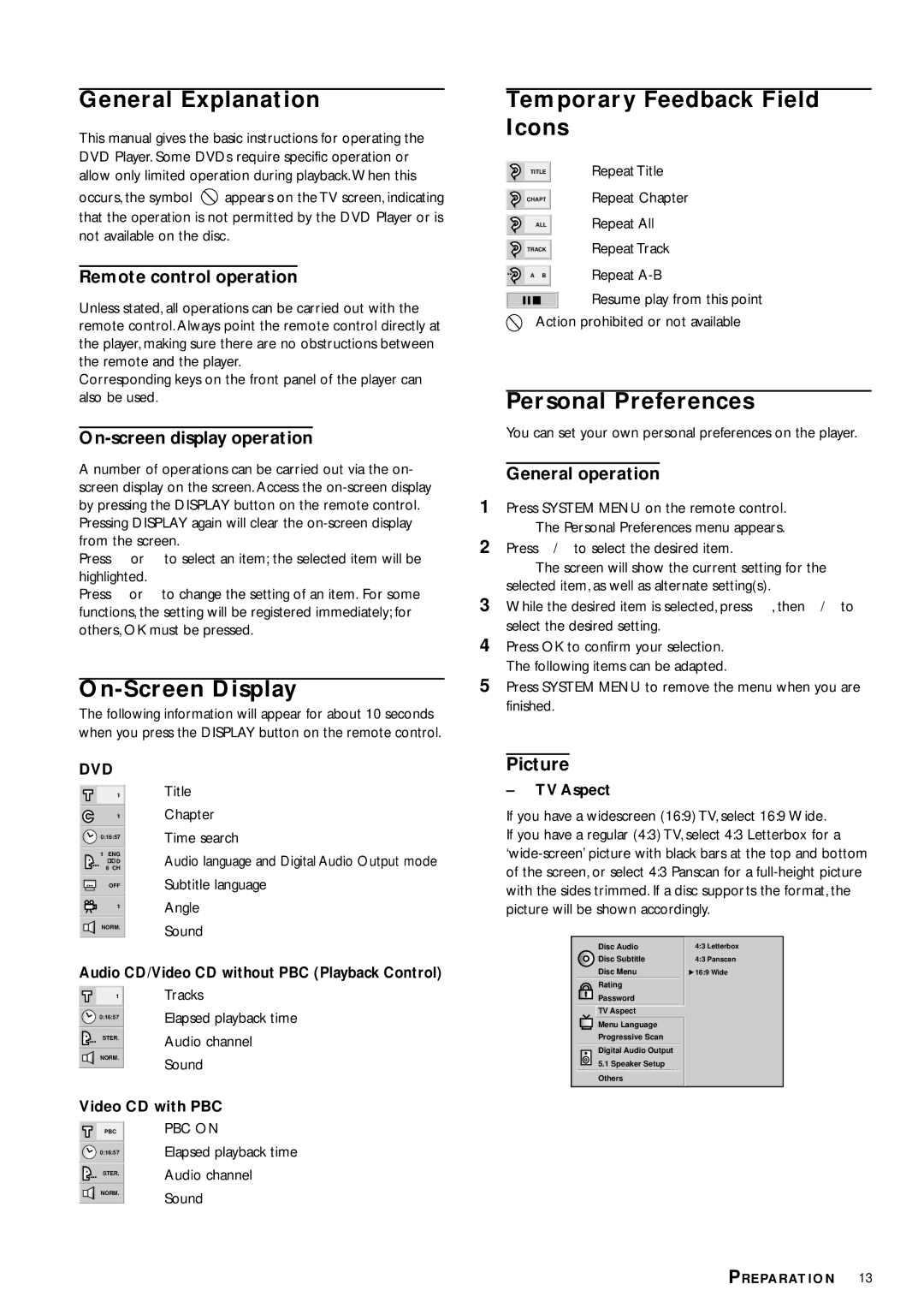 Philips DVD953 owner manual General Explanation, On-Screen Display, Temporary Feedback Field Icons, Personal Preferences 