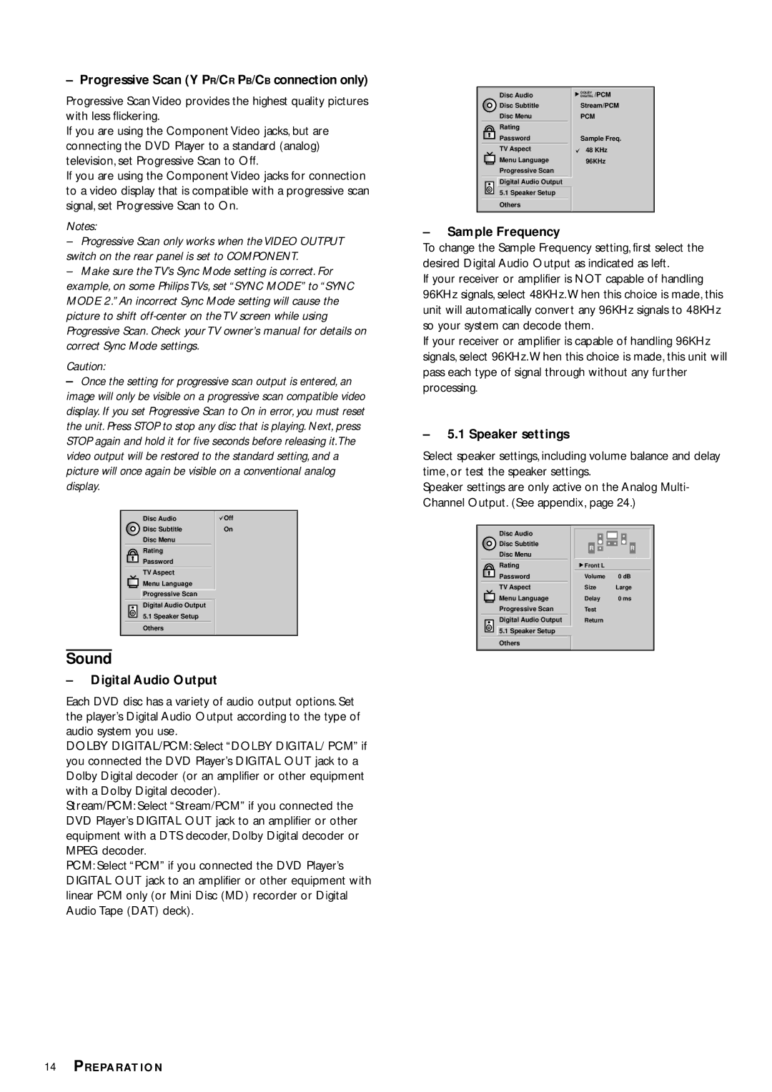 Philips DVD953 Progressive Scan Y PR/CR PB/CB connection only, Digital Audio Output, Sample Frequency, Speaker settings 