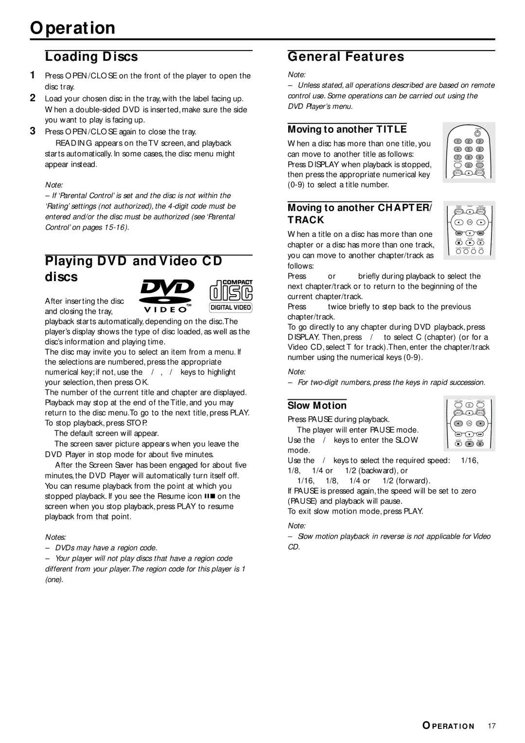 Philips DVD953 owner manual Operation, Loading Discs, Playing DVD and Video CD discs, General Features 