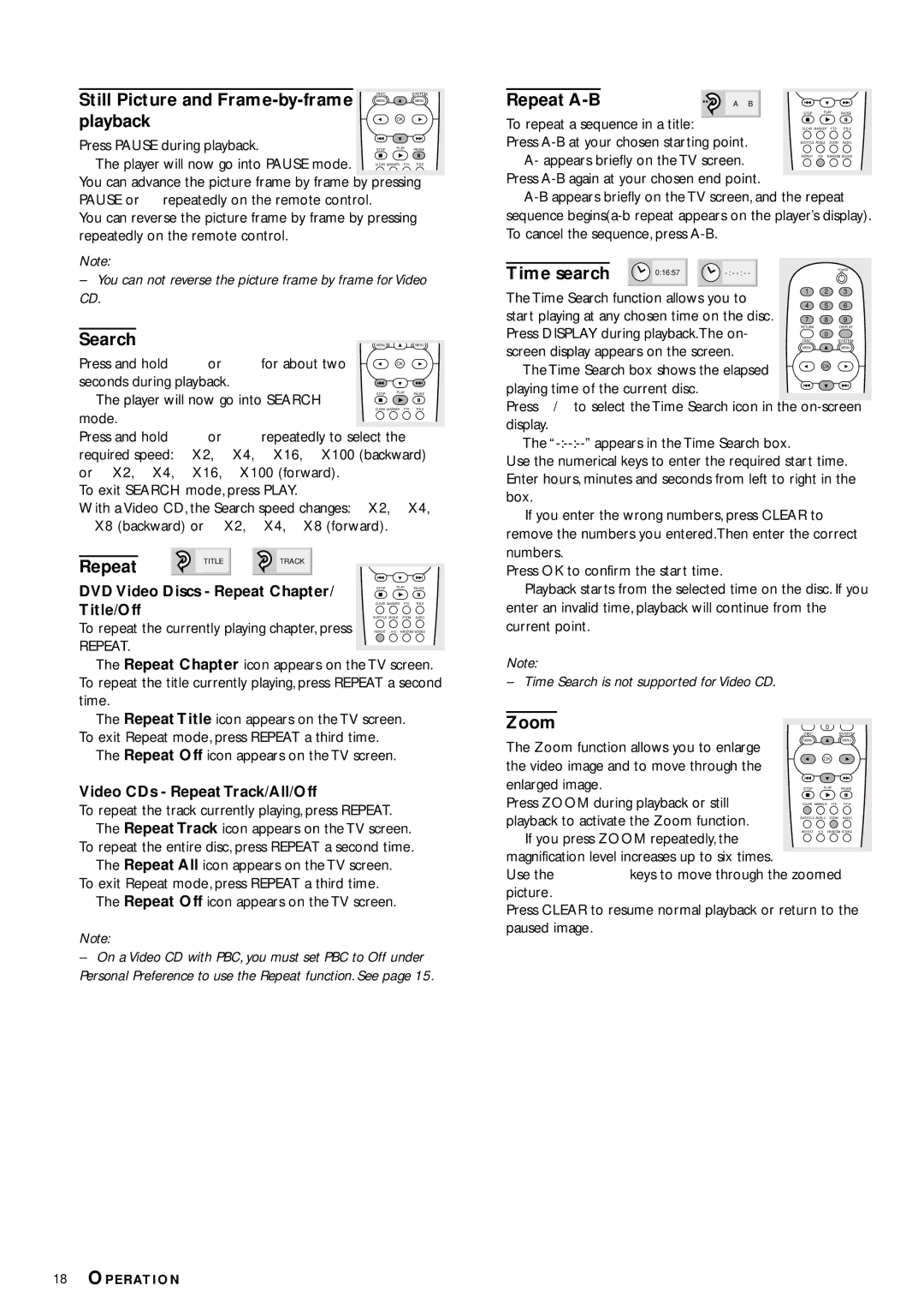 Philips DVD953 owner manual Still Picture and Frame-by-frame, Playback, Search, Repeat A-B, Time search, Zoom 