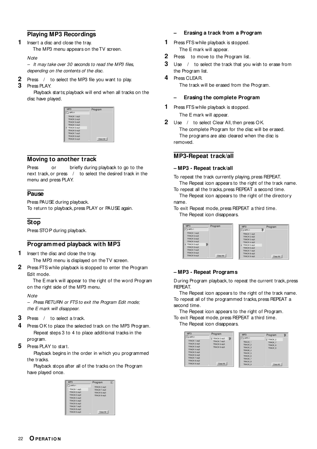 Philips DVD953 owner manual Playing MP3 Recordings, Stop, Programmed playback with MP3, MP3-Repeat track/all 