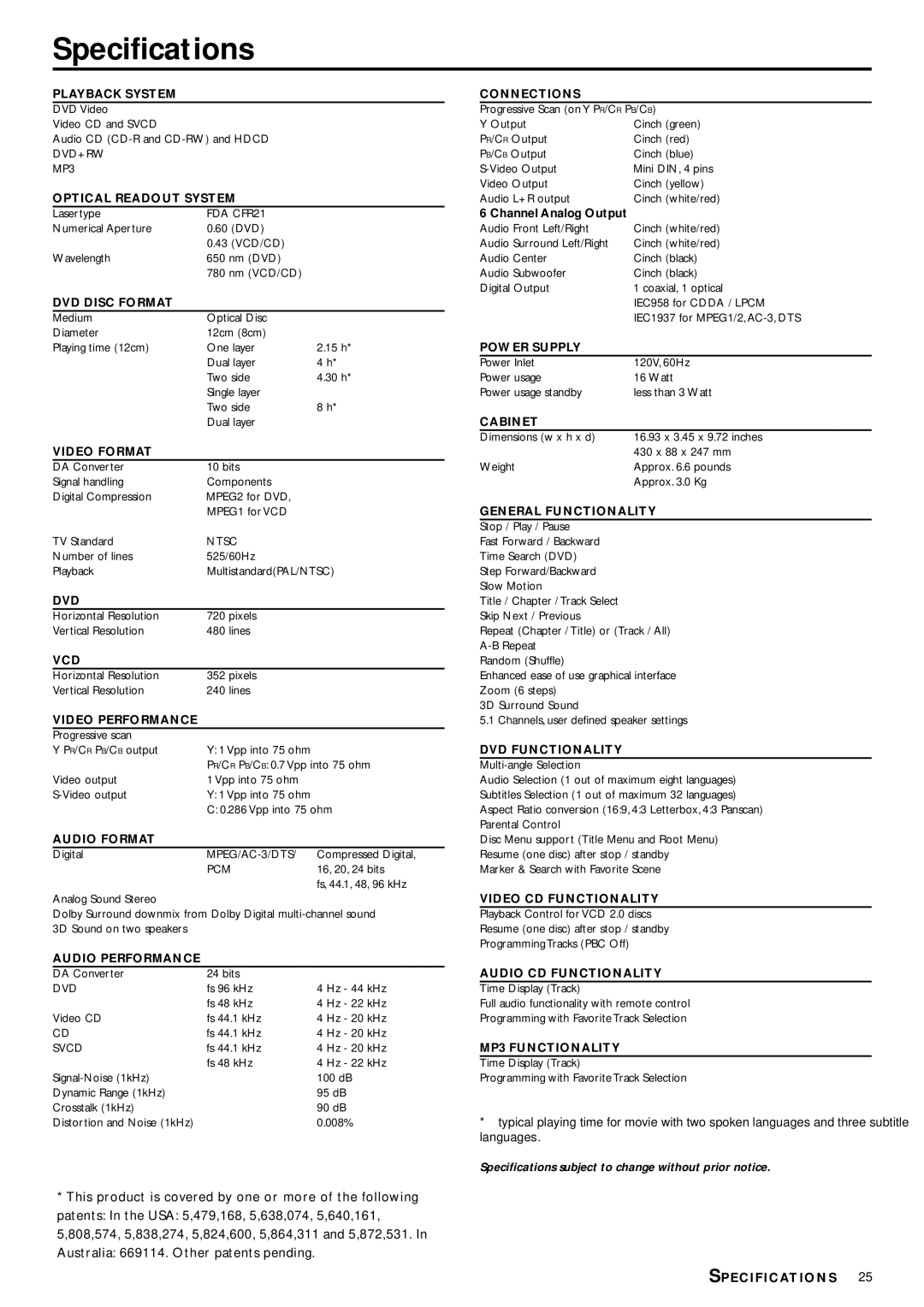 Philips DVD953 owner manual Specifications, DVD Disc Format 