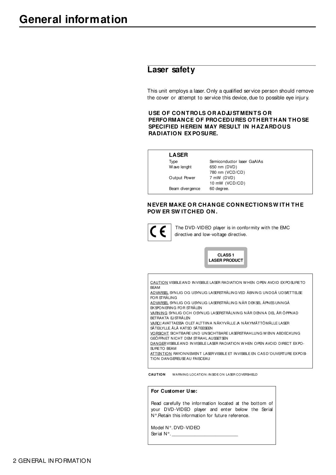 Philips DVD956, DVD955 manual General information, Laser safety 