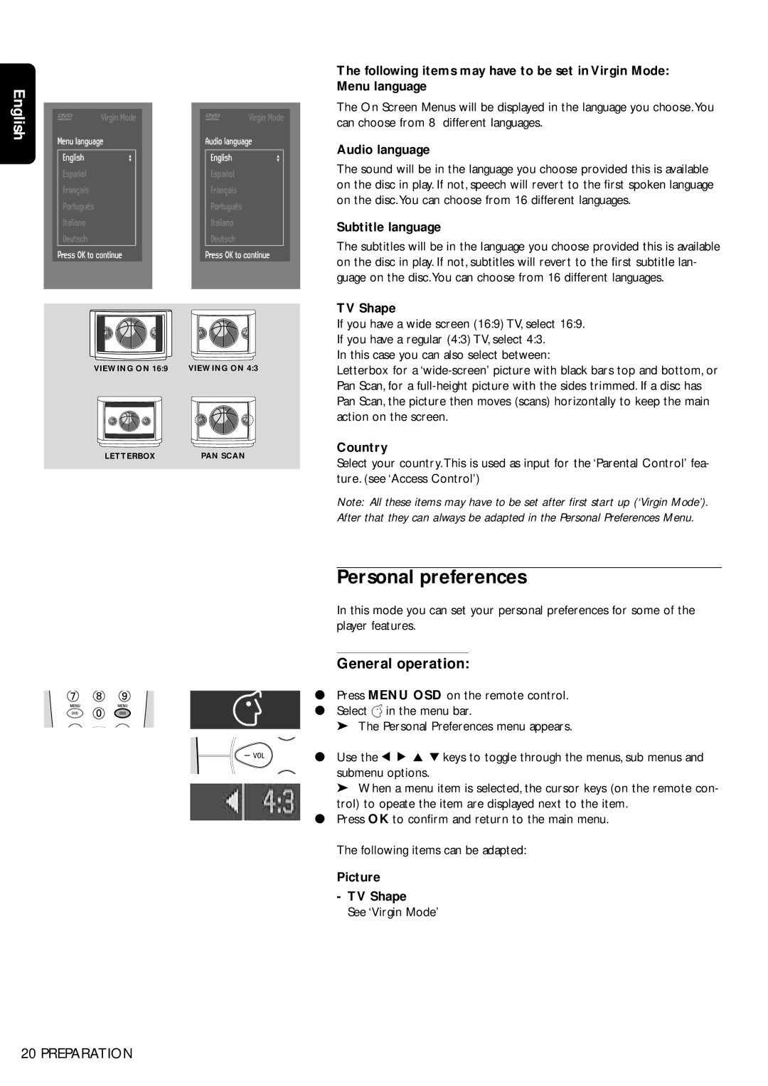 Philips DVD956, DVD955 manual Personal preferences, General operation 